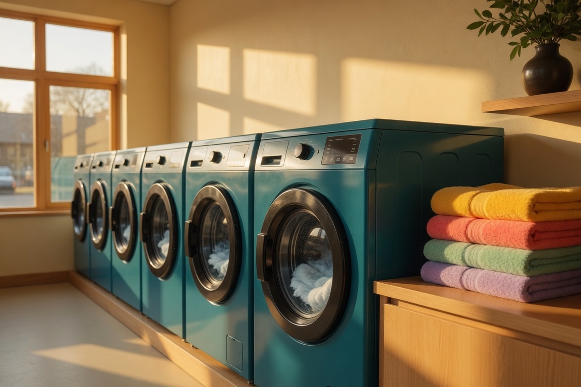 Row of teal washing machines in warm afternoon light at Sun Valley Laundromat